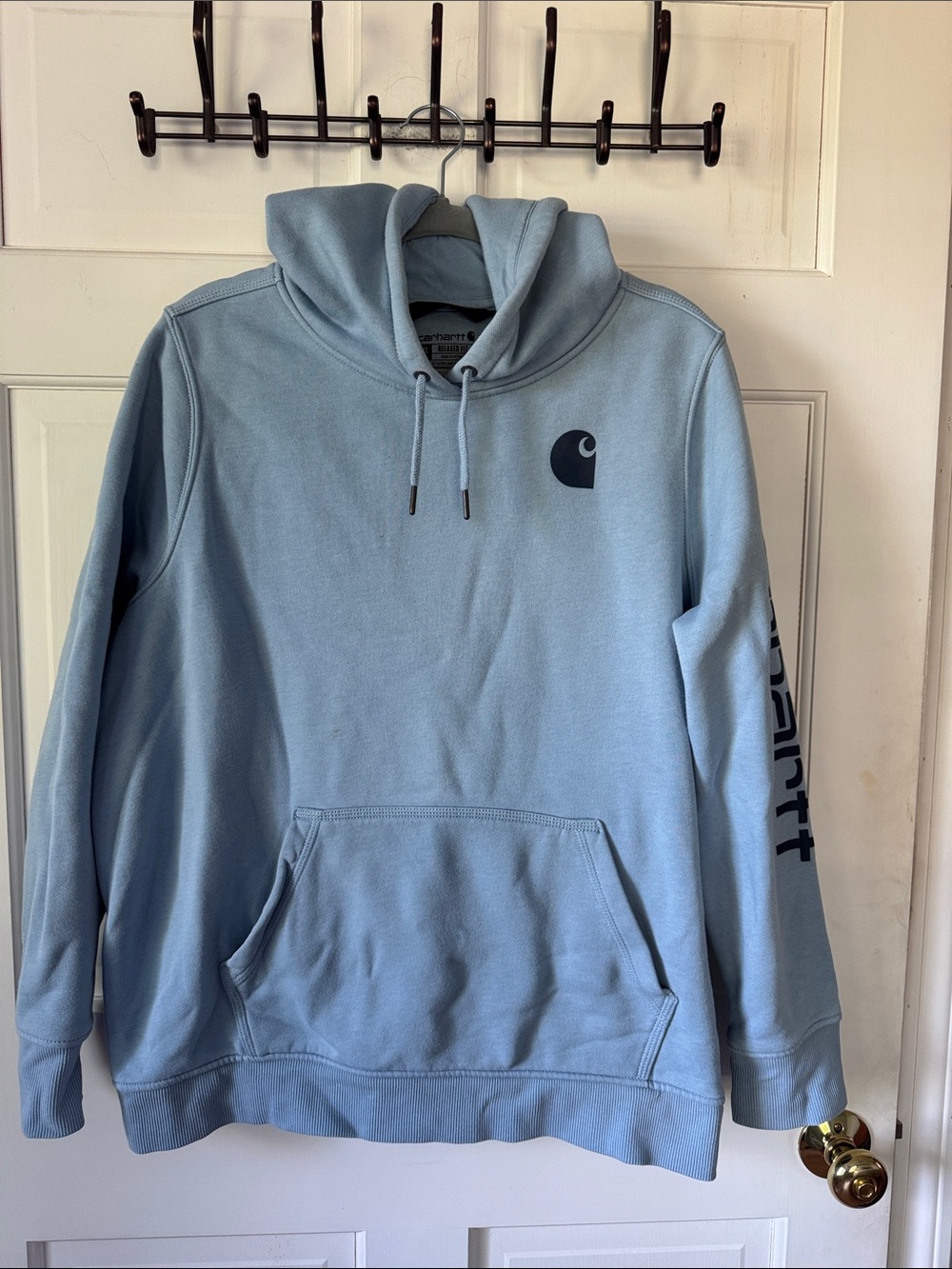 Carhartt Light Blue Pullover Hoodie with Chest Logo and Kangaroo Pocket